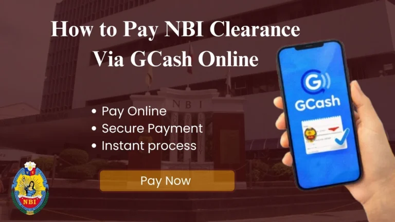 How to pay NBI Clearance via GCash online with “Pay Online,” “Secure Payment,” “Instant process,” and a “Pay Now” button, plus the NBI logo over NBI building.