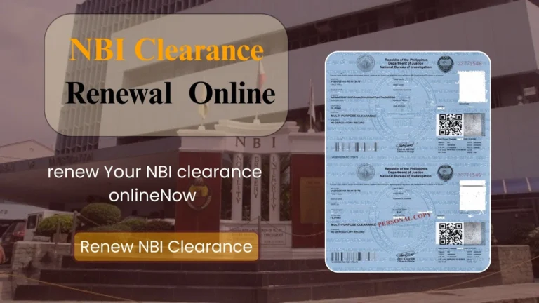 NBI Renewal | NBI Clearance renewal & Fees Details 5 NBI Clearance Renewal Online text with multi-purpose clearance document and NBI building background.
