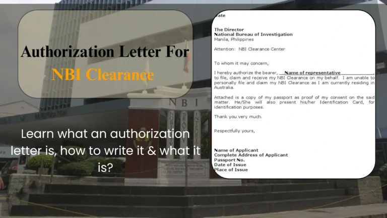Authorization Letter for NBI Clearance image showing text overlay and a template example for filing or claiming NBI clearance.
