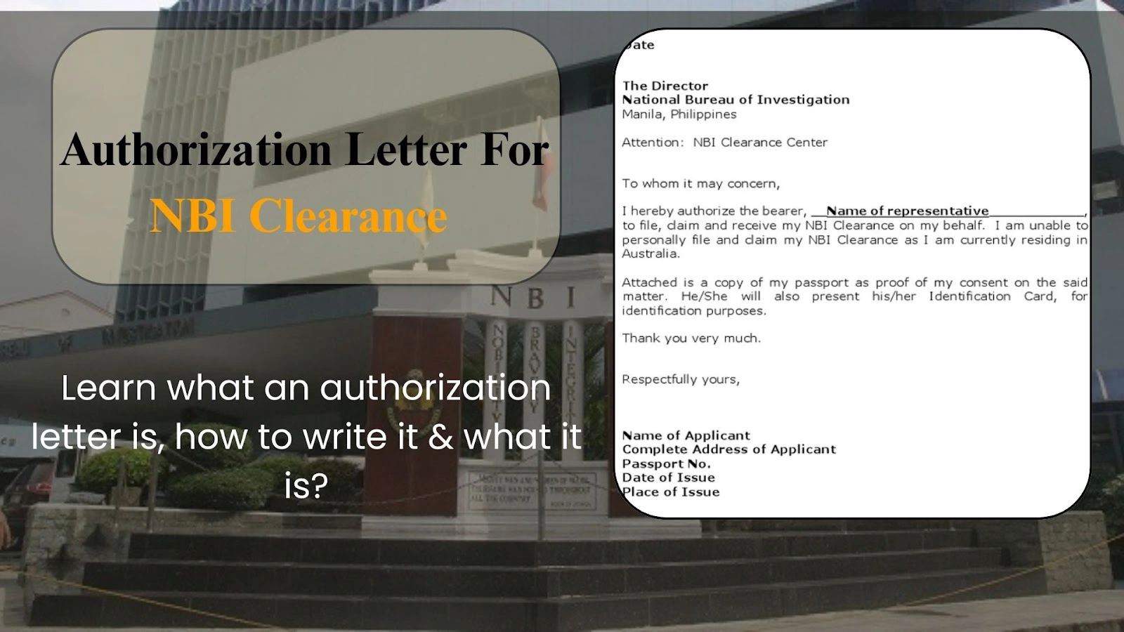 How To Write an Authorization Letter For NBI - Complete Guide 1 Authorization Letter For NBI Clearance banner showing bold title, overlay text, and a template for authorizing someone to file or claim NBI clearance.