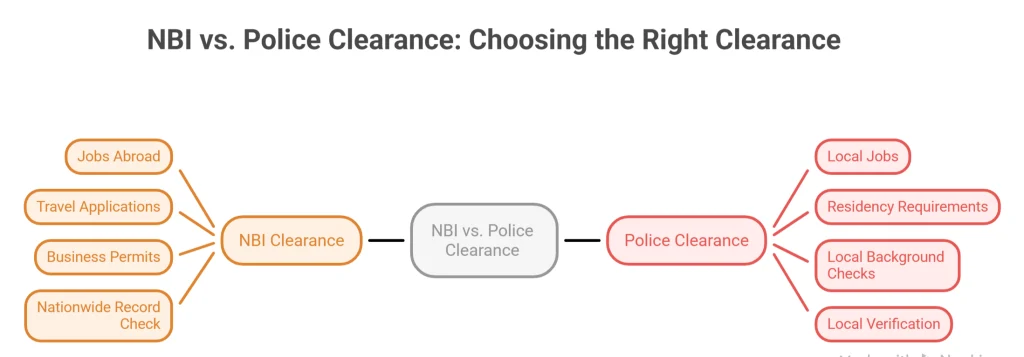 Police Vs NBI Police | Is NBI And Police Clearance The Same 3 Flowchart comparing NBI and Police Clearance uses for jobs, travel, permits, and local verification.