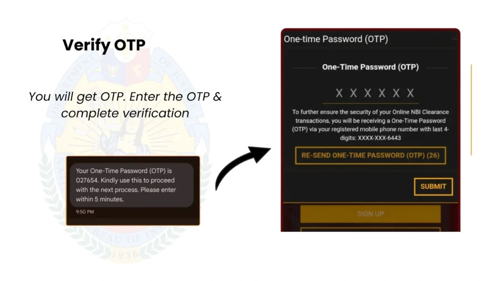 NBI OTP verification page screenshot with NBI logo background, showing OTP message, entry field, and buttons.