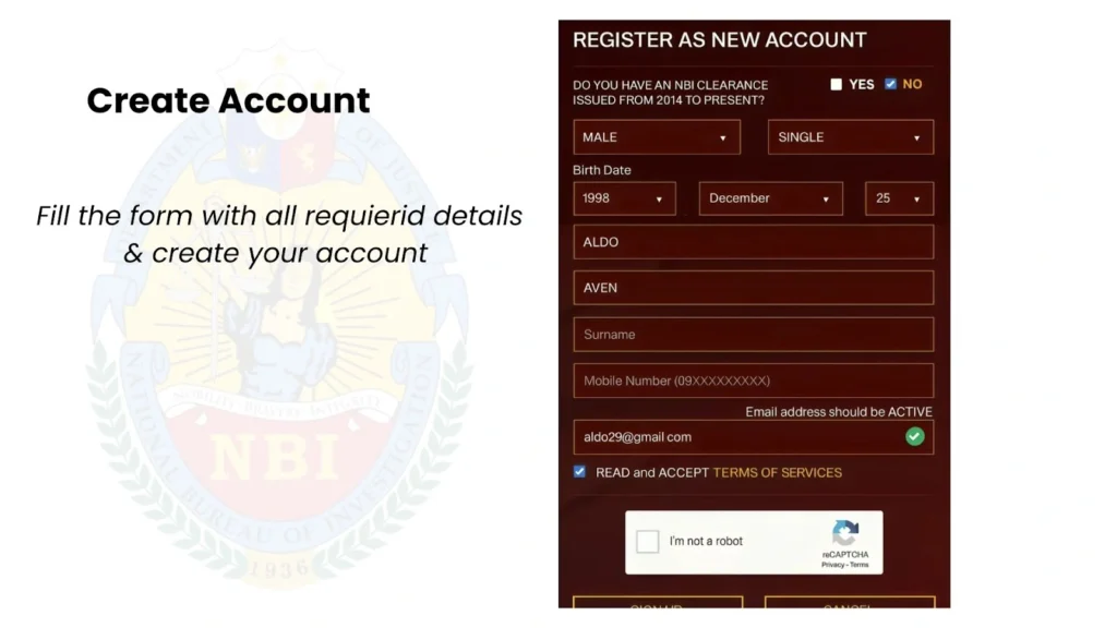 NBI account registration form with personal information fields and CAPTCHA.
