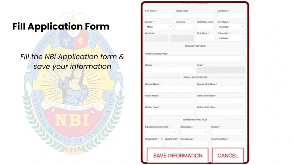 Split image “Fill Application Form” with NBI emblem in the background and an online form for personal, family, and contact details.