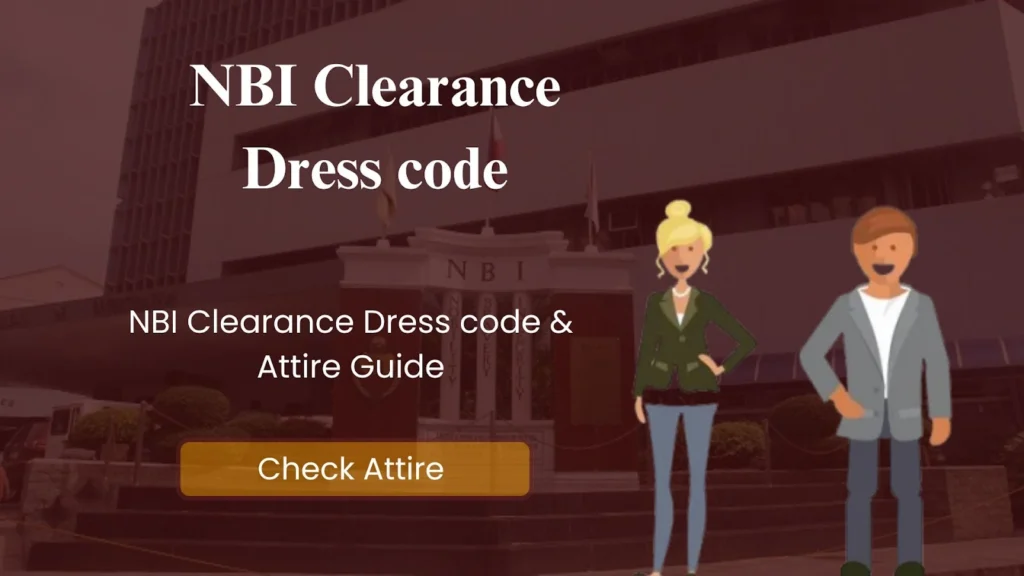 Banner showing NBI Clearance Dress Code & Attire Guide with cartoon characters and a “Check Attire” button.