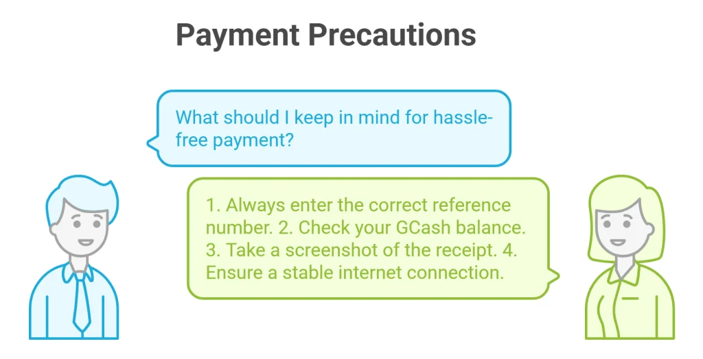Payment Precautions infographic male asks “What should I keep in mind for hassle-free payment?” female NBI clearance expert replies simple payment tips.