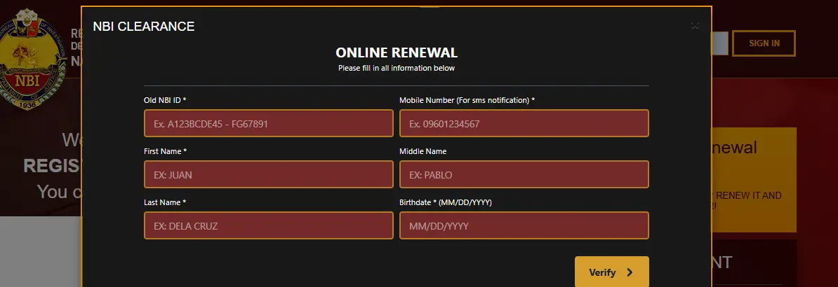 Screenshot of NBI Clearance online renewal form showing fields and a verify button.