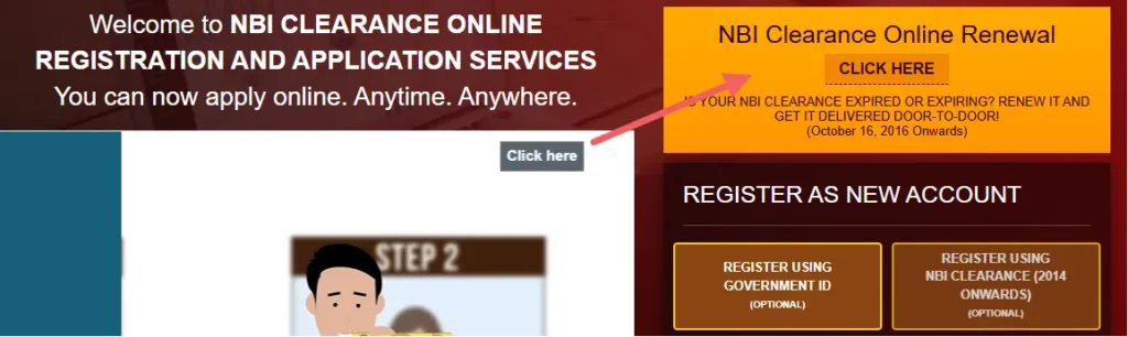 National Bureau of Investigation official portal screenshot showing NBI Clearance online renewal options with an arrow pointing to the ‘Click this’ option.