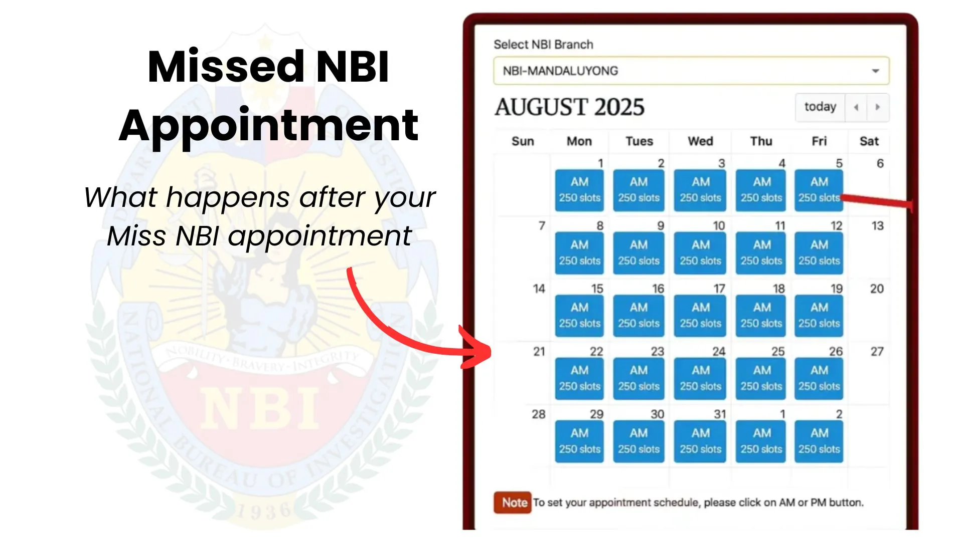 Missed NBI appointment notice banner shows Missed NBI Appointment text on left over emblem background and digital calendar on right.